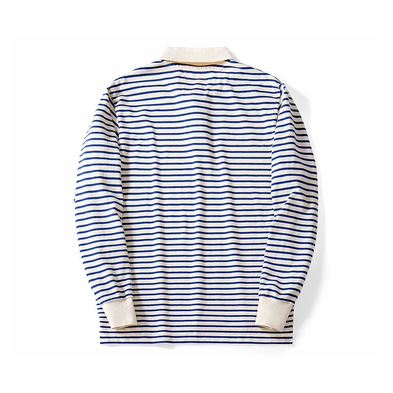Blue and White Striped Long Sleeve Polo Shirt Top — vista posteriore
