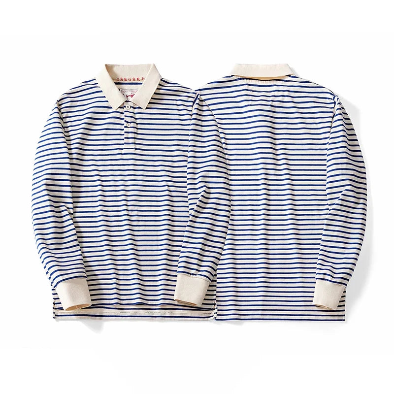 Blue and White Striped Long Sleeve Polo Shirt Top — in alternativa
