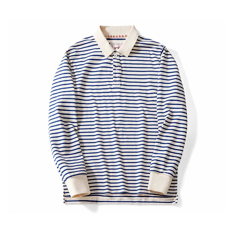 Blue and White Striped Long Sleeve Polo Shirt Top — vista frontale