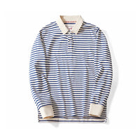 Blue and White Striped Long Sleeve Polo Shirt Top — vista frontale