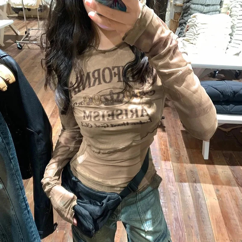Brown Sheer Mesh Long Sleeve Top — vista frontale