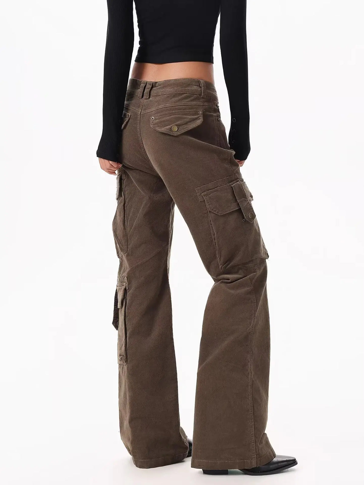 Brown Spliced High Waist Cargo Flare Jeans — vista posteriore