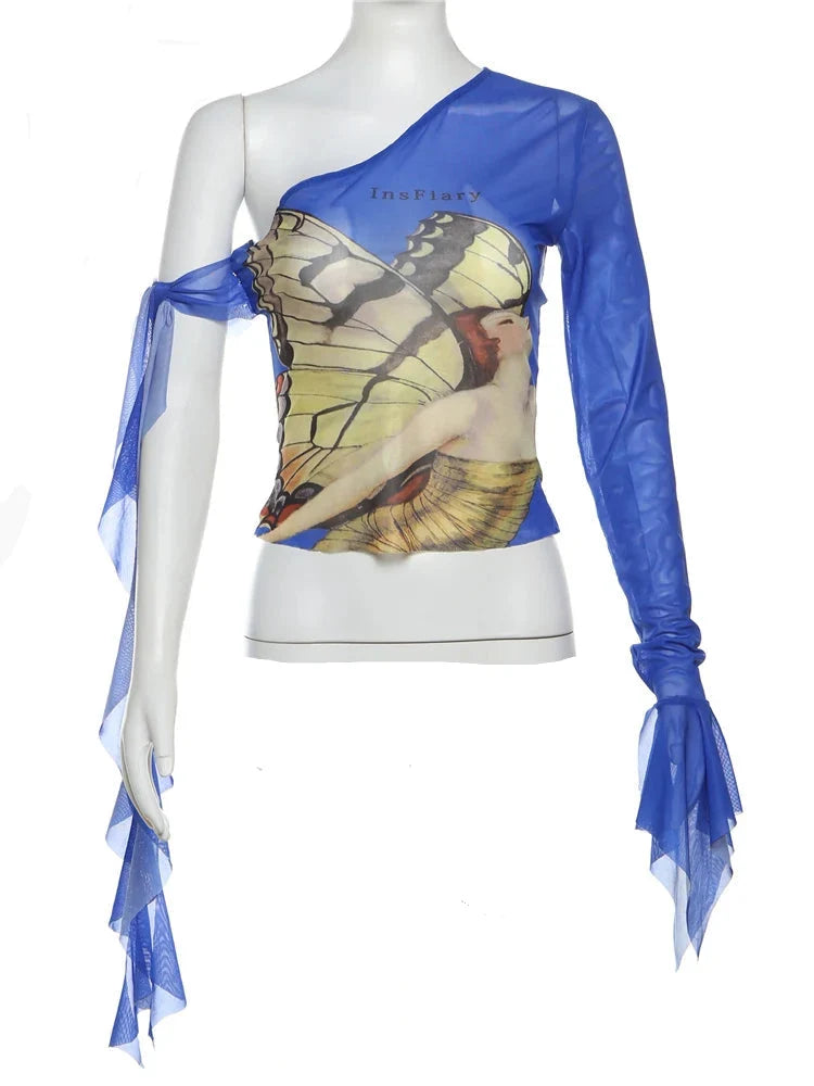 Butterfly Print Off Shoulder Sheer Mesh Top — in alternativa