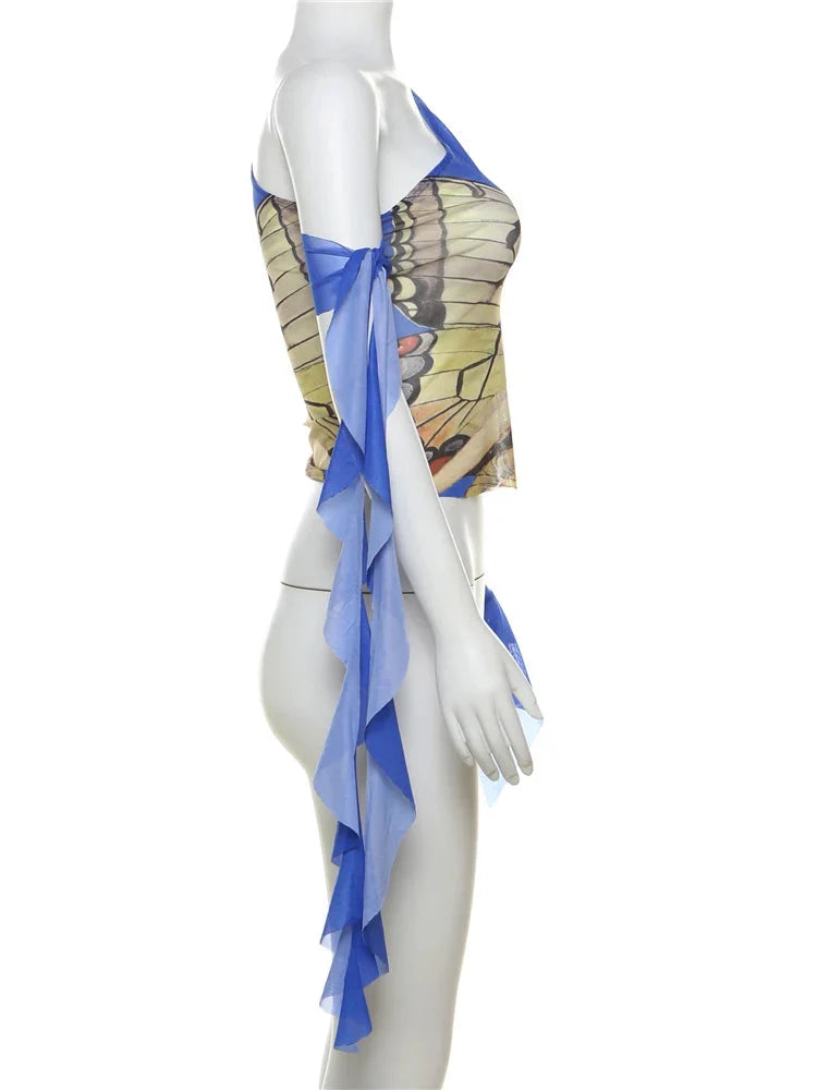 Butterfly Print Off Shoulder Sheer Mesh Top — vista laterale