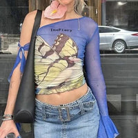 Butterfly Print Off Shoulder Sheer Mesh Top — vista frontale
