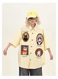 Cat Patch Embroidered Short Sleeve Work Shirt — vista frontale