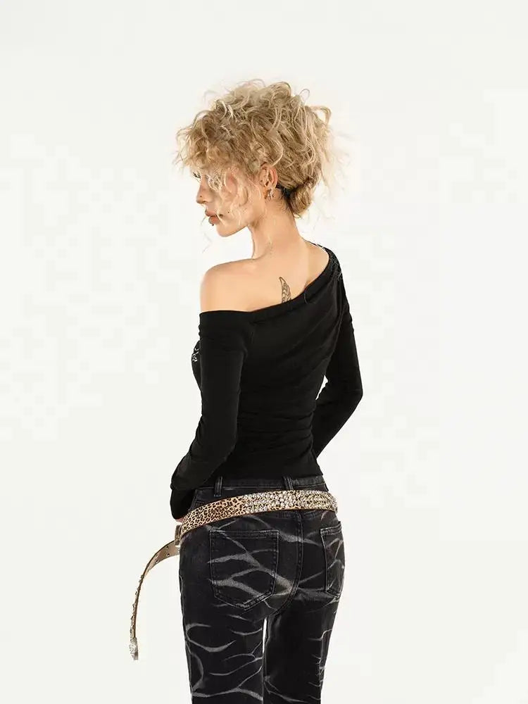 Chic Black Sparkle Graphic Long Sleeve Off Shoulder Top — dettaglio