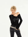 Y2K Chic Black Sparkle Graphic Long Sleeve Off Shoulder Top