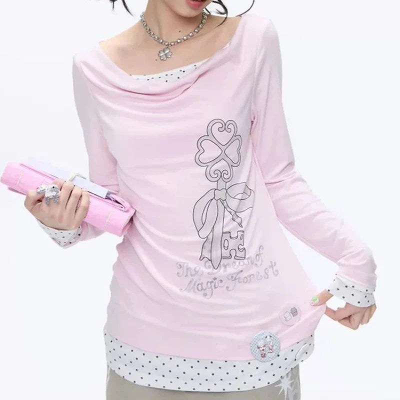 Chic Coquette Polka Patchwork Long Sleeve Top — dettaglio della stampa