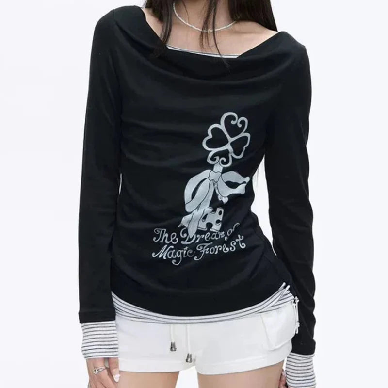 Chic Coquette Polka Patchwork Long Sleeve Top — vista laterale