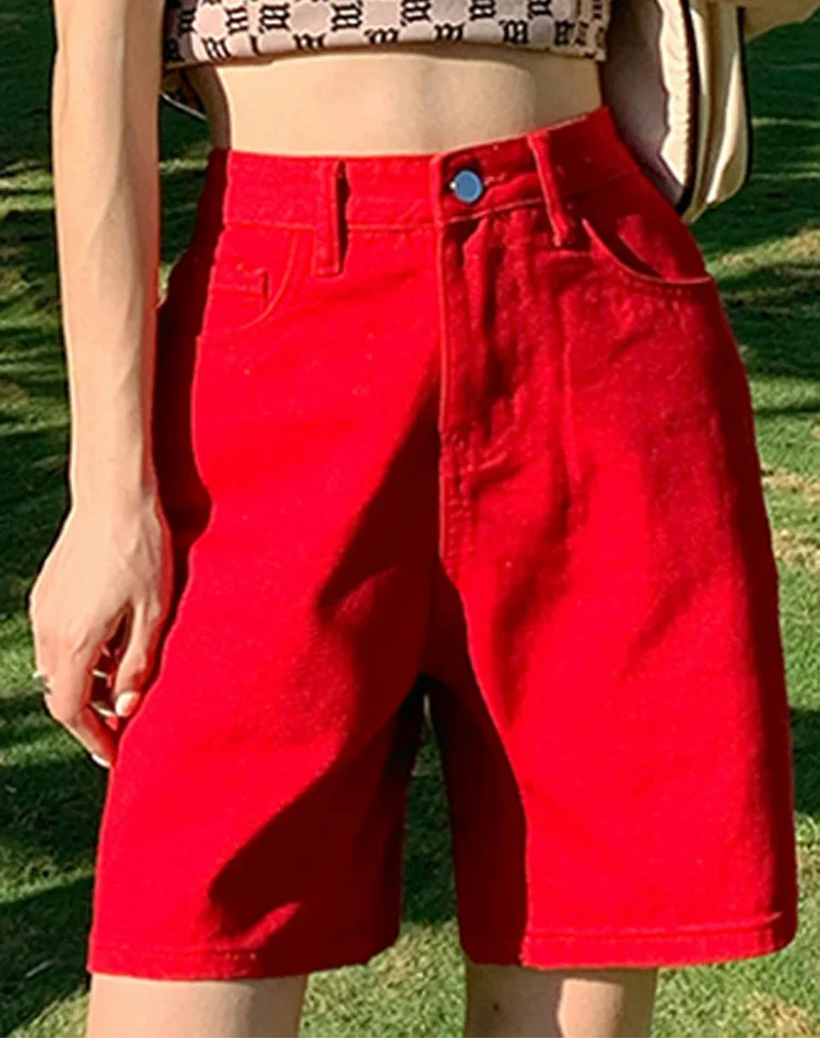 Chic Straight Leg High Waist Denim Shorts Jorts — vista posteriore