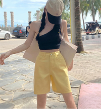 Chic Straight Leg High Waist Denim Shorts Jorts — dettaglio del tessuto