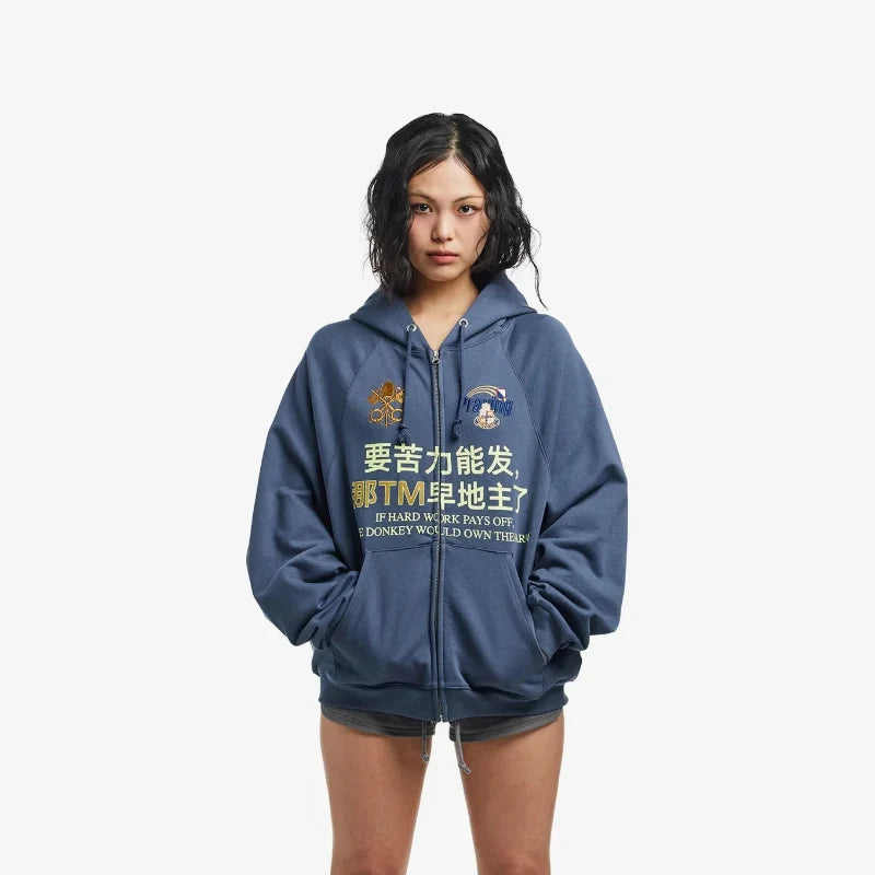 Chinese Character Embroidered Zip Up Hoodie — vista posteriore