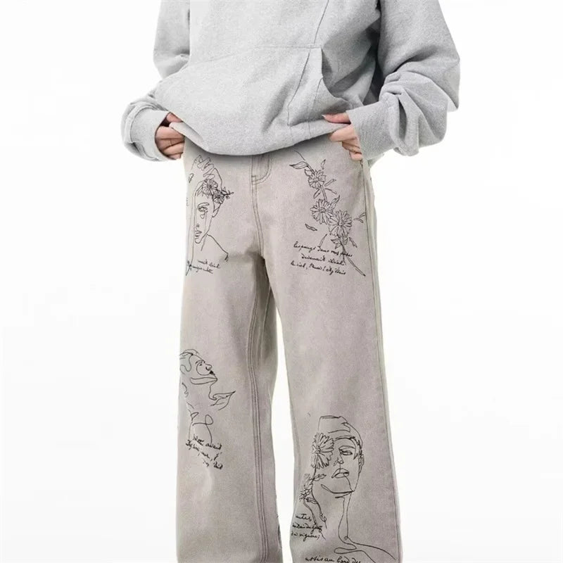 Coffee Shop Sketch Graphic Baggy Jeans — dettaglio della stampa