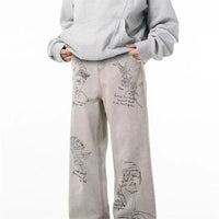 Coffee Shop Sketch Graphic Baggy Jeans — dettaglio della stampa