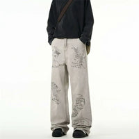 Coffee Shop Sketch Graphic Baggy Jeans — dettaglio del tessuto