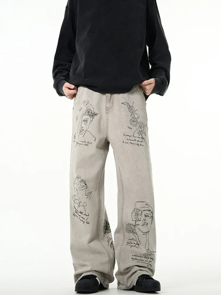 Coffee Shop Sketch Graphic Baggy Jeans — vista frontale