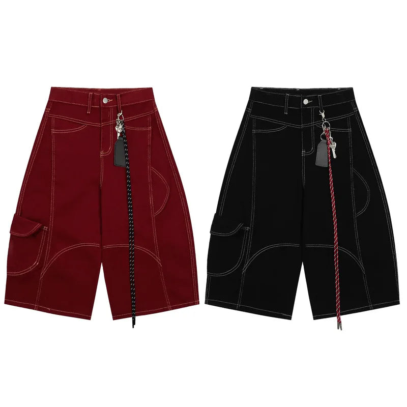 Contrast Stitch Wide Leg Long Denim Shorts Jorts — vista completa