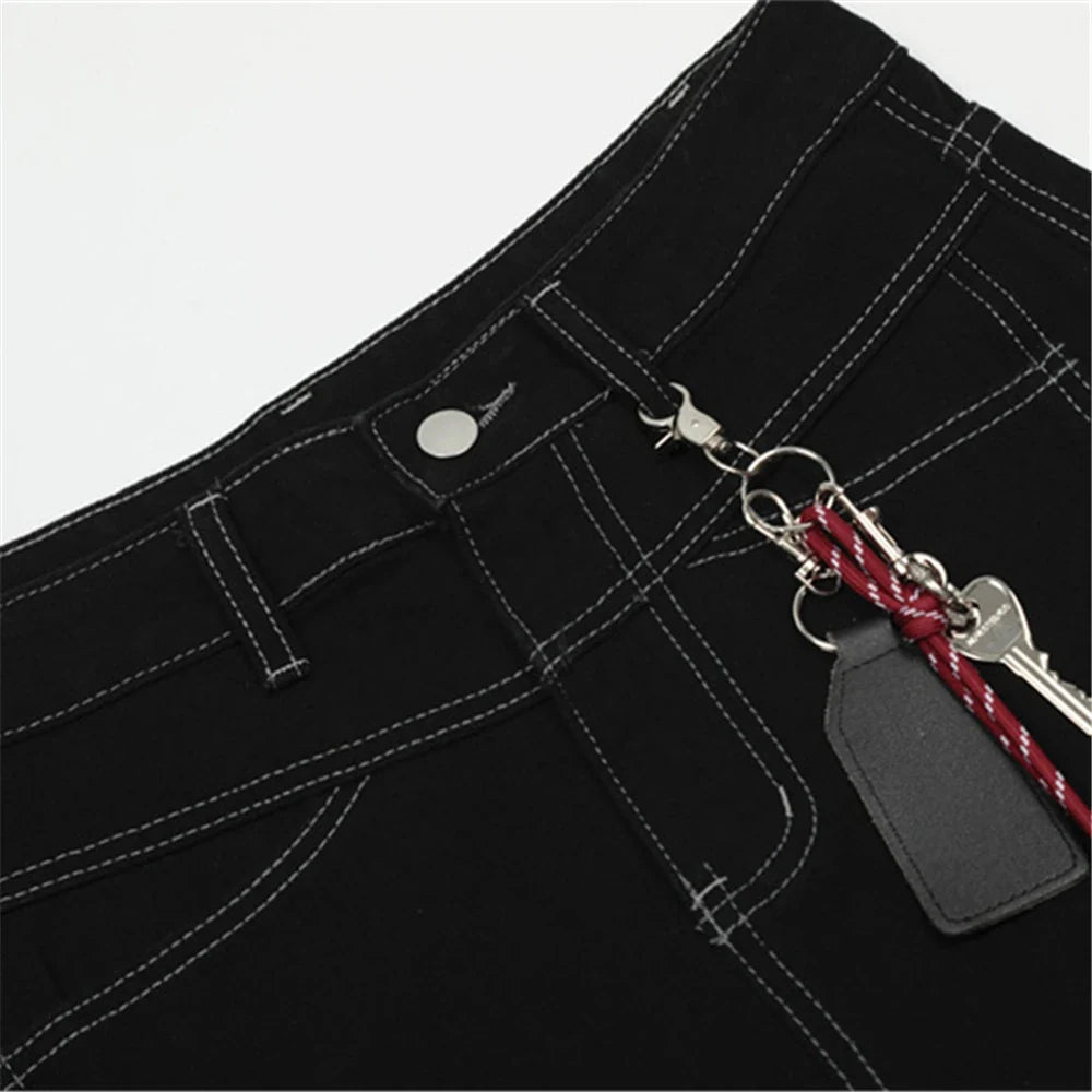 Contrast Stitch Wide Leg Long Denim Shorts Jorts — vista laterale