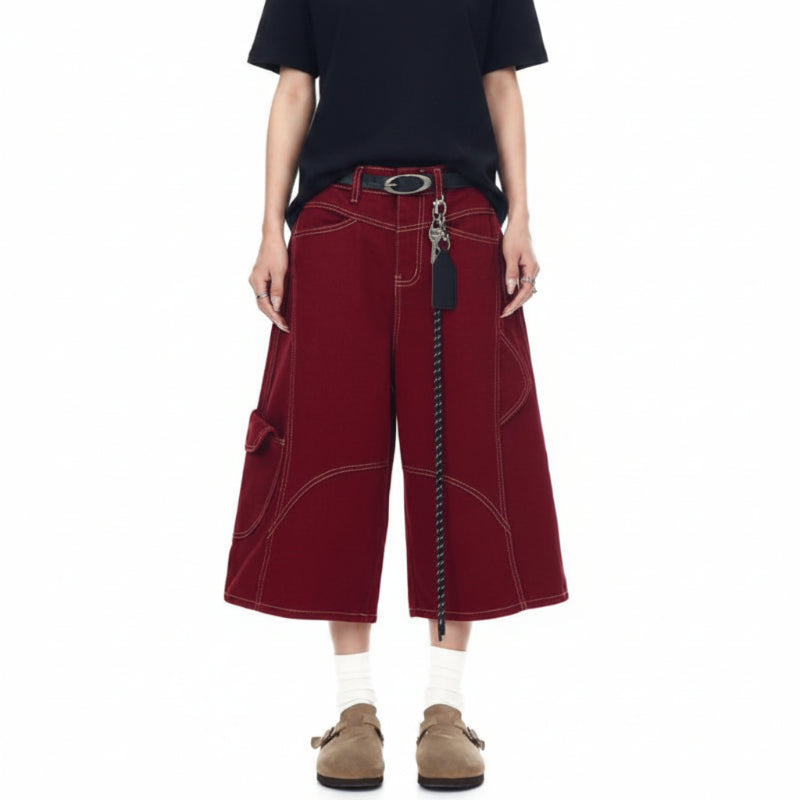 Contrast Stitch Wide Leg Long Denim Shorts Jorts — dettaglio
