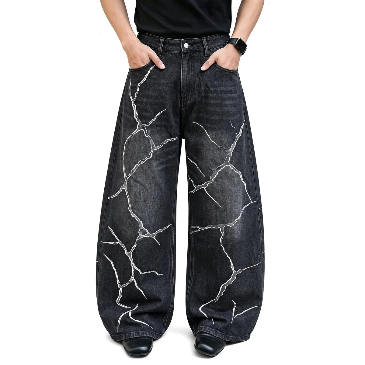 Cracked Graphic Baggy Wide Leg Barrel Jeans — vista frontale