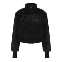Cropped Black Faux Fur Zip Up Jacket — vista frontale