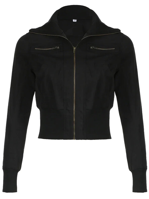 Cropped Zip Up Slim Turtleneck Bomber Jacket — vista frontale
