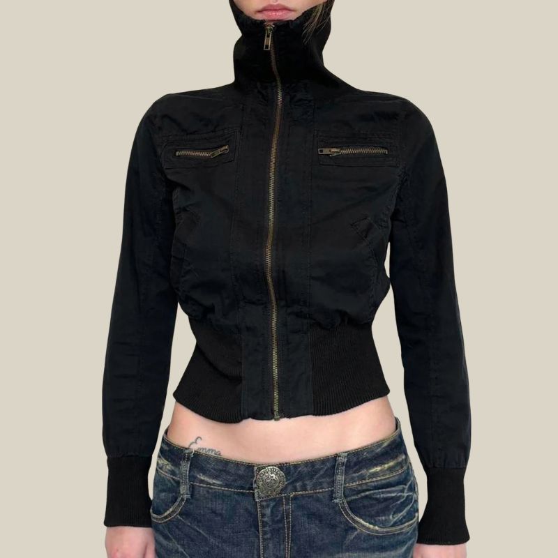 Cropped Zip Up Slim Turtleneck Bomber Jacket — vista posteriore