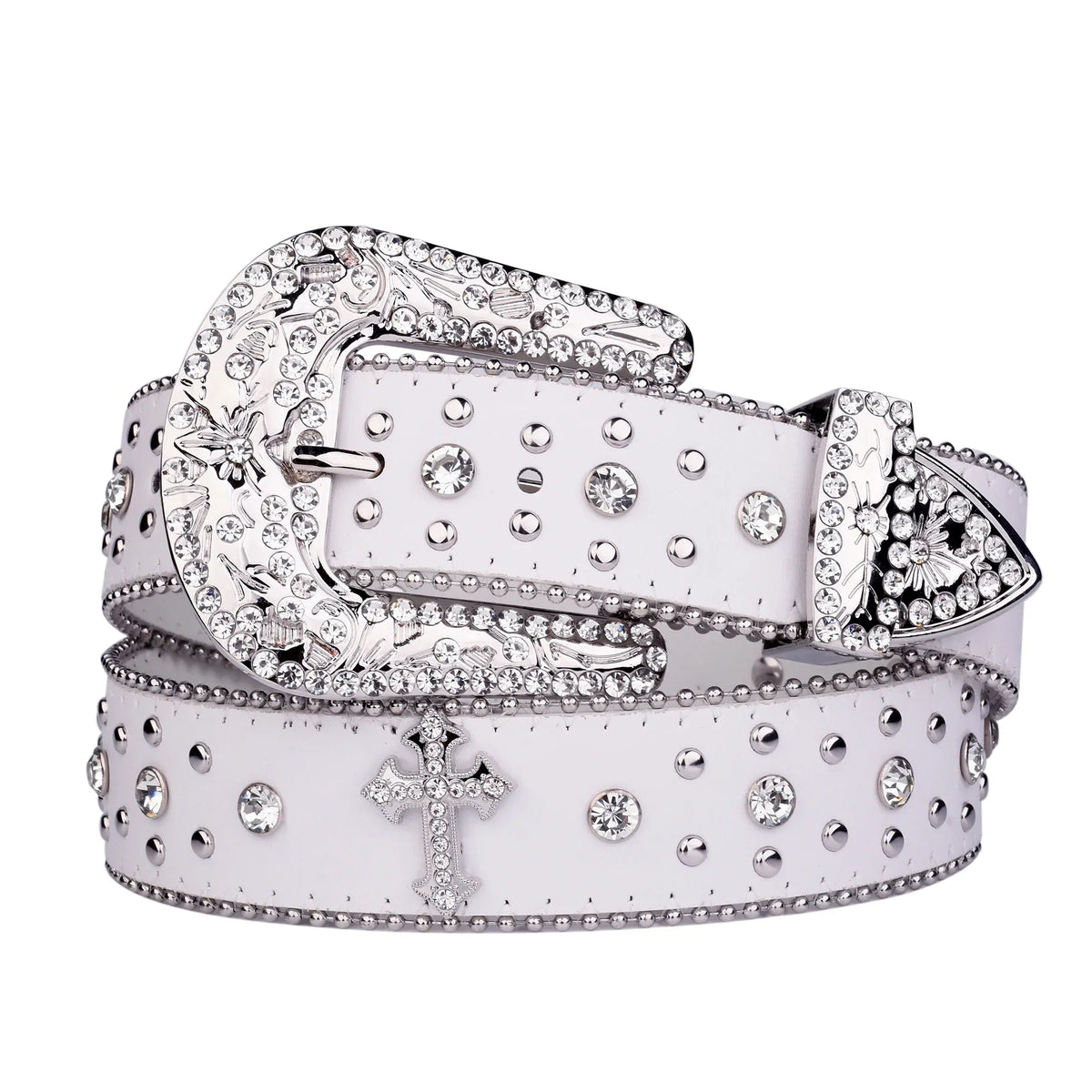 Cross Studded And Gems Rhinestone Big Buckle Belt — vista frontale