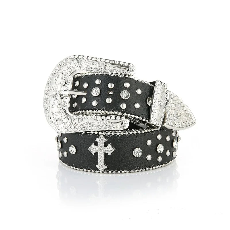 Cross Studded And Gems Rhinestone Big Buckle Belt — vista posteriore