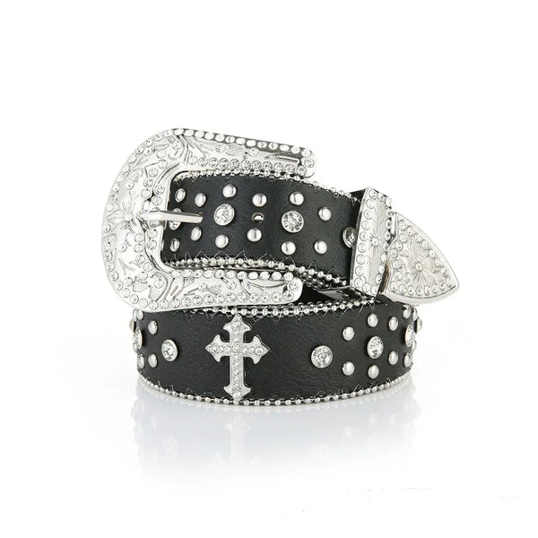 Y2K Cross Studded And Gems Rhinestone Big Buckle Belt