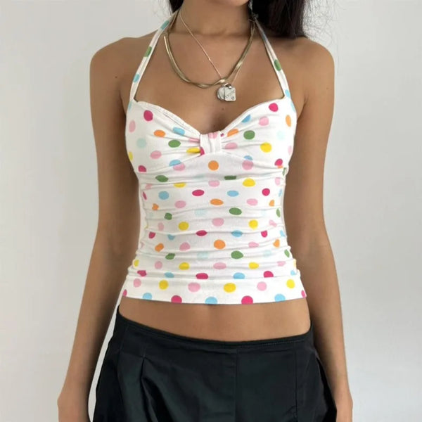 Cute Girl Polka Dot Print Halter Vest Crop Top — vista frontale
