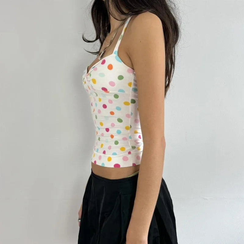 Cute Girl Polka Dot Print Halter Vest Crop Top — vista posteriore