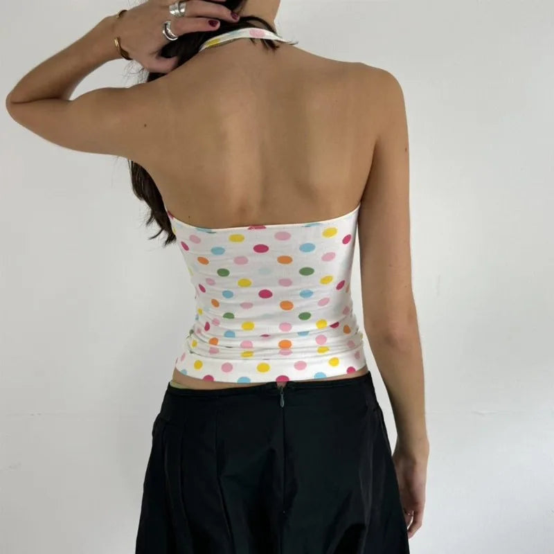 Cute Girl Polka Dot Print Halter Vest Crop Top — dettaglio