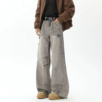 Cyber Distressed Grey Pleated Baggy Boot Cut Cargo Jeans — vista laterale