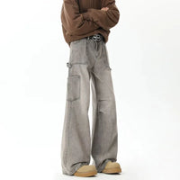 Cyber Distressed Grey Pleated Baggy Boot Cut Cargo Jeans — dettaglio del tessuto