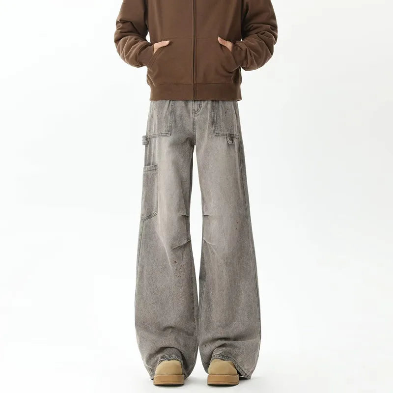 Cyber Distressed Grey Pleated Baggy Boot Cut Cargo Jeans — vista frontale
