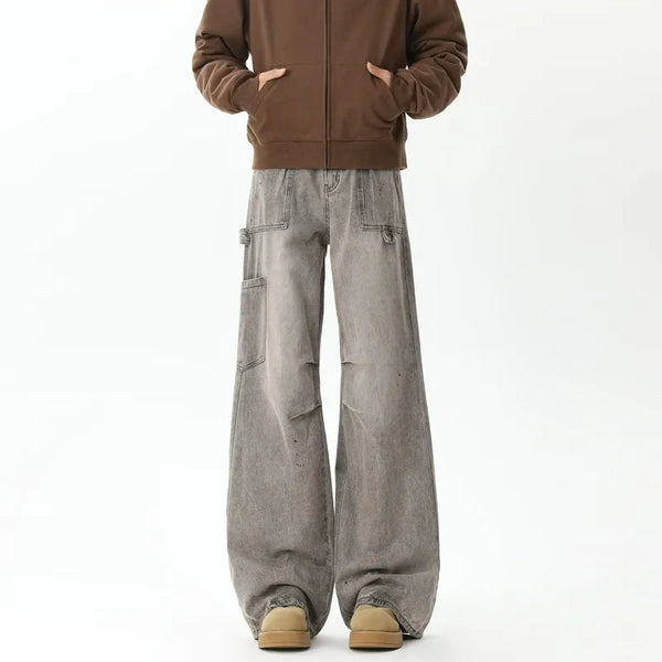 Cyber Distressed Grey Pleated Baggy Boot Cut Cargo Jeans — vista frontale