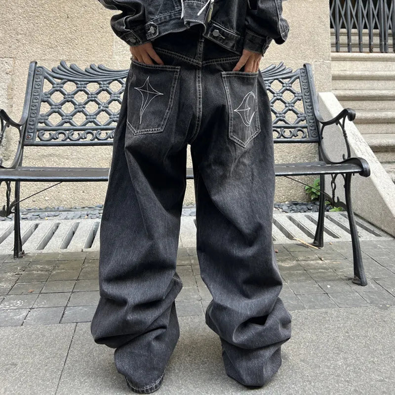 Cyber Embroidery Stacked Baggy Jeans — vista posteriore