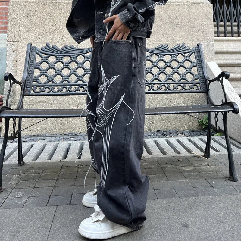 Cyber Embroidery Stacked Baggy Jeans — dettaglio della stampa