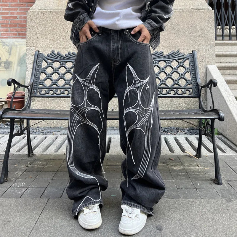 Cyber Embroidery Stacked Baggy Jeans — vista frontale