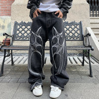 Cyber Embroidery Stacked Baggy Jeans — vista frontale