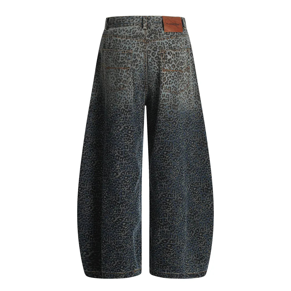 Dark Leopard Print Baggy Denim Curved Barrel Jeans — dettaglio
