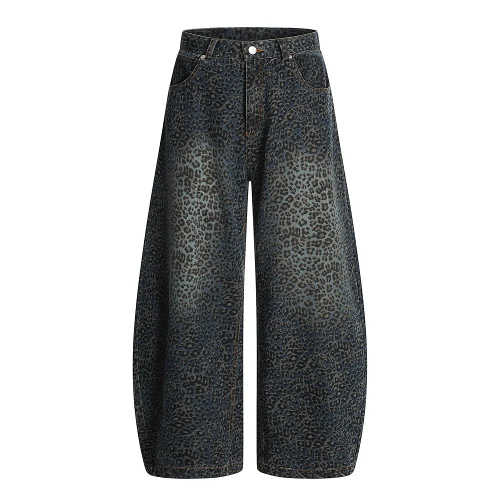 Dark Leopard Print Baggy Denim Curved Barrel Jeans — vista frontale