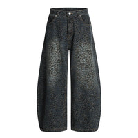 Dark Leopard Print Baggy Denim Curved Barrel Jeans — vista frontale