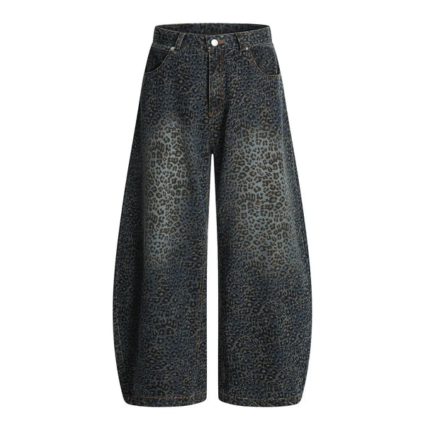 Dark Leopard Print Baggy Denim Curved Barrel Jeans — vista frontale
