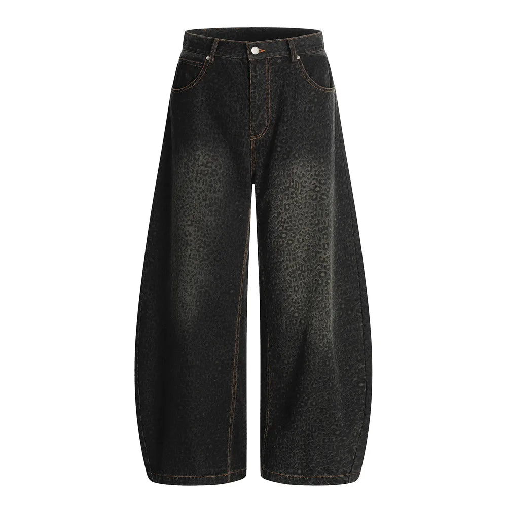 Dark Leopard Print Baggy Denim Curved Barrel Jeans — vista posteriore