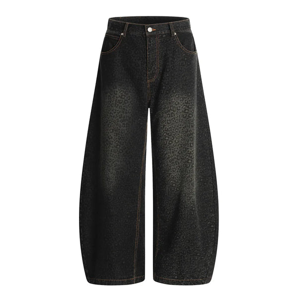 Y2K Dark Leopard Print Baggy Denim Curved Barrel Jeans