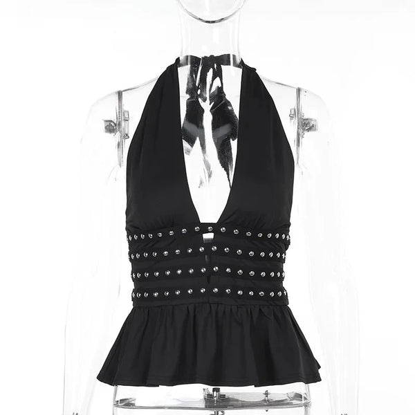 Deep V Neck Studded Black Halter Top — vista frontale