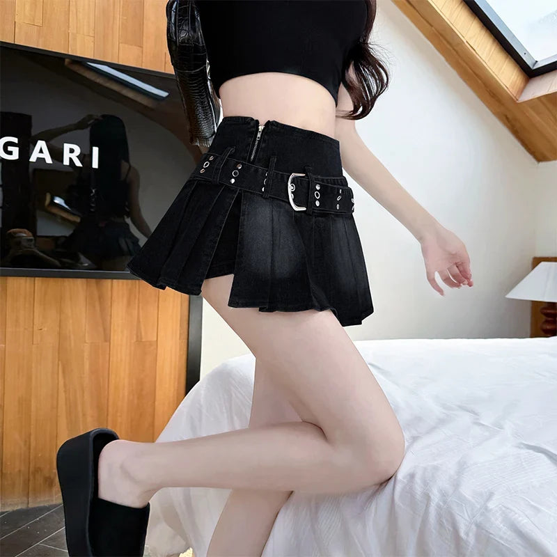 Denim Retro Hight Waist Pleated A Line Mini Skirt — vista completa